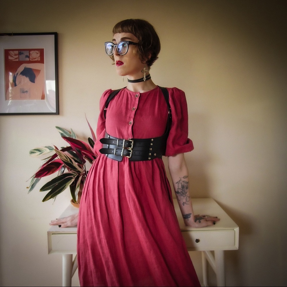 Handmade linen dress with puff sleeves